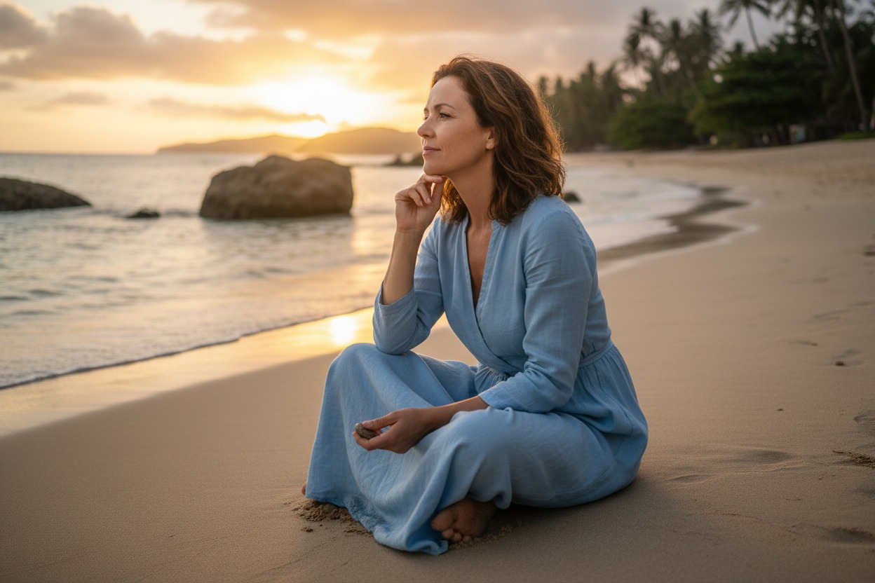 Mulher de vestido azul sentada na areia da praia contemplando o pôr do sol.