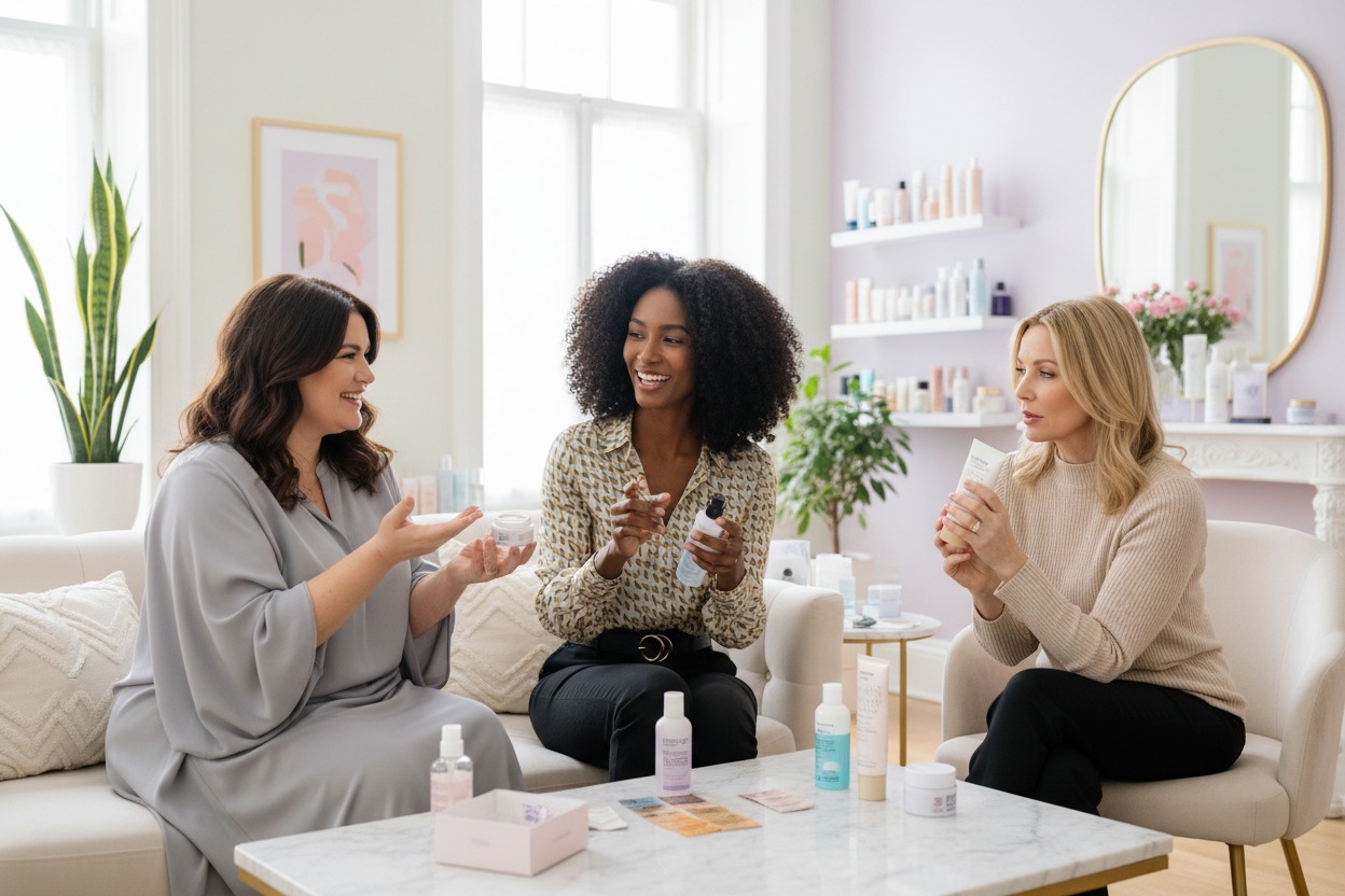 Três mulheres conversam sentadas em uma sala de estar iluminada enquanto testam produtos de cuidados com a pele dispostos sobre uma mesa de centro.